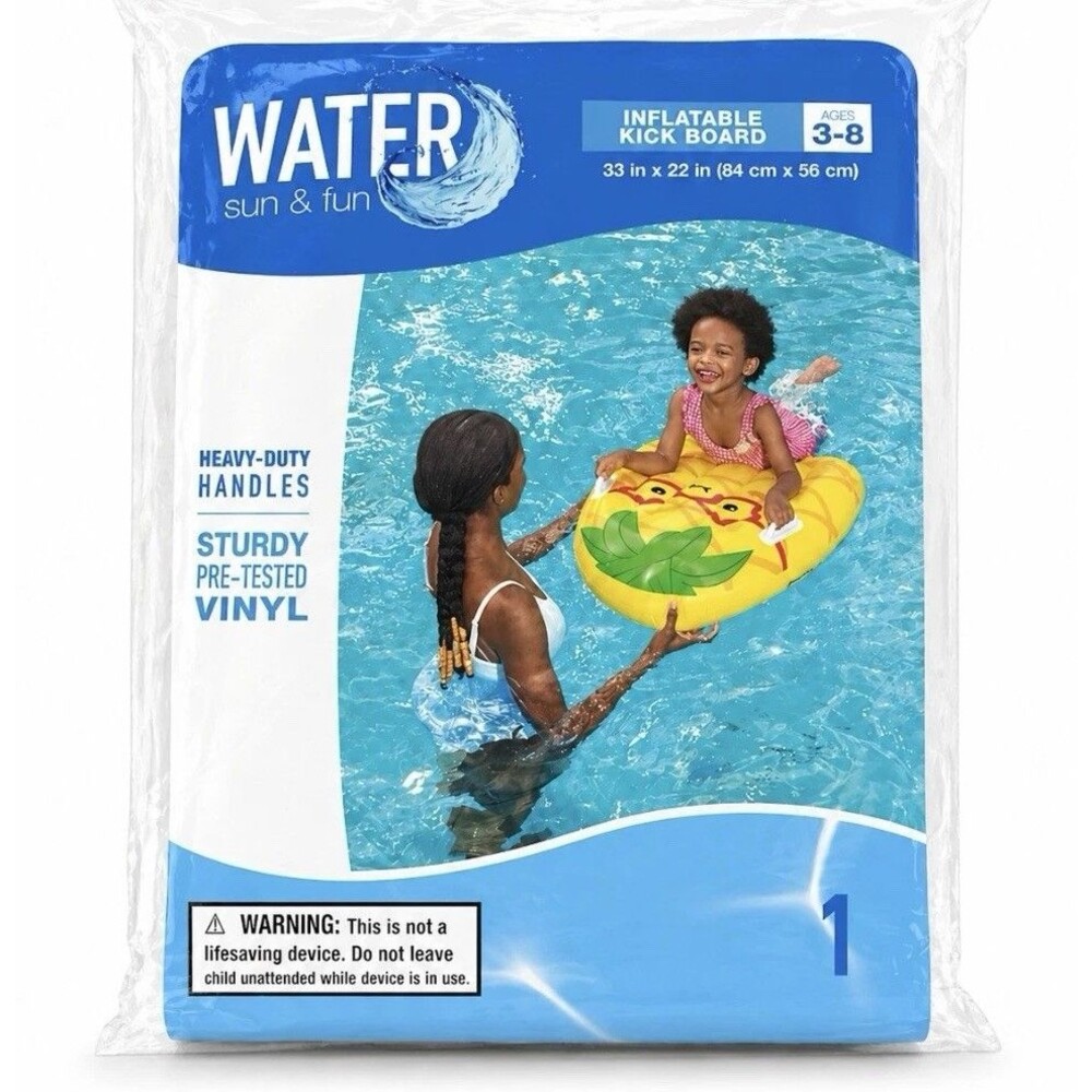 Water Sun & Fun Yellow Pineapple Inflatable Kick Board Float 33" x 22" Ages 3-8
